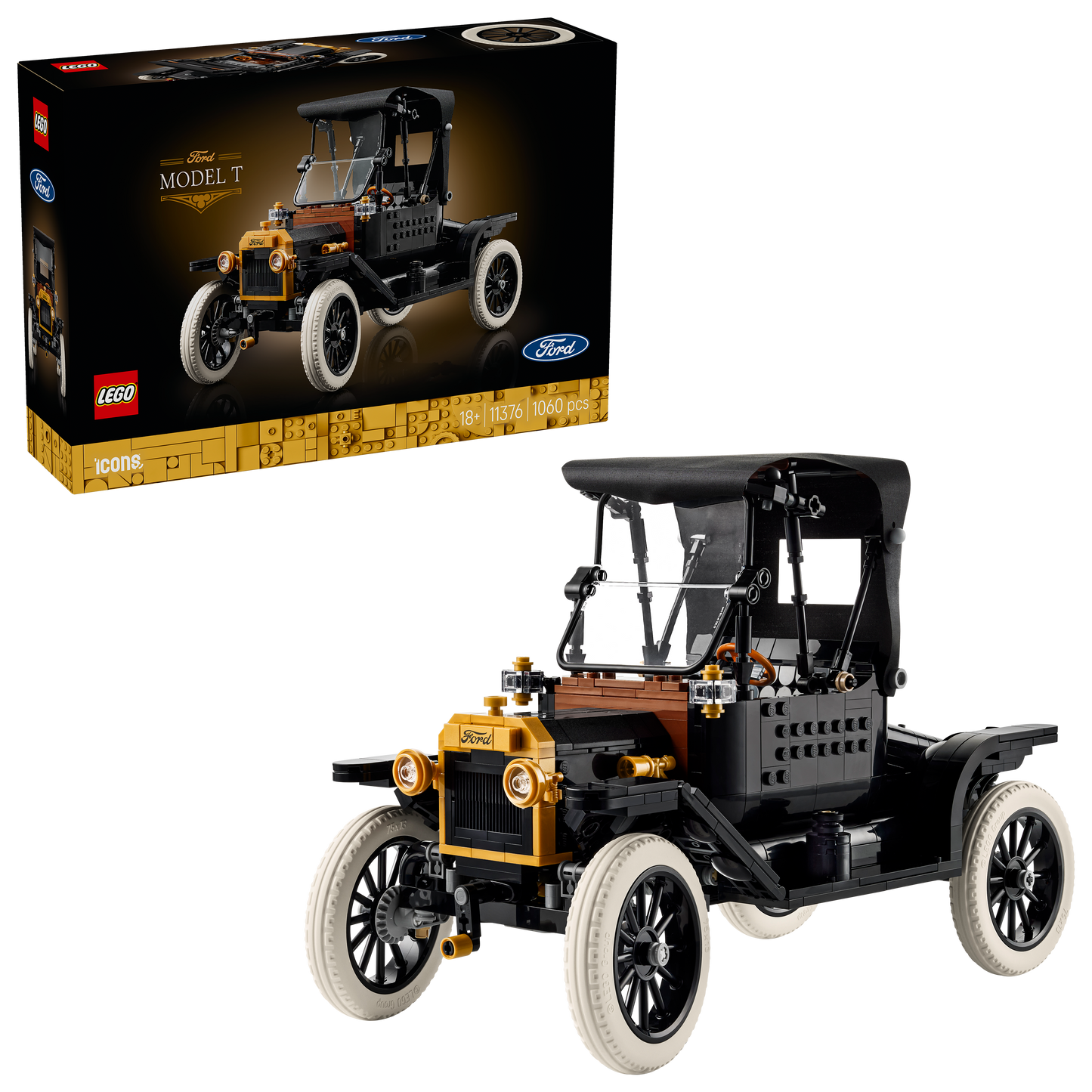 LEGO Icons Ford Model T Klassieke Auto Bouwpakket voor Volwassenen – Modelauto met Stoffen Dak, Hoge Wielen en Gedeelde Voorruit – Woondecoratie – Cadeau voor Mannen en Vrouwen 11376