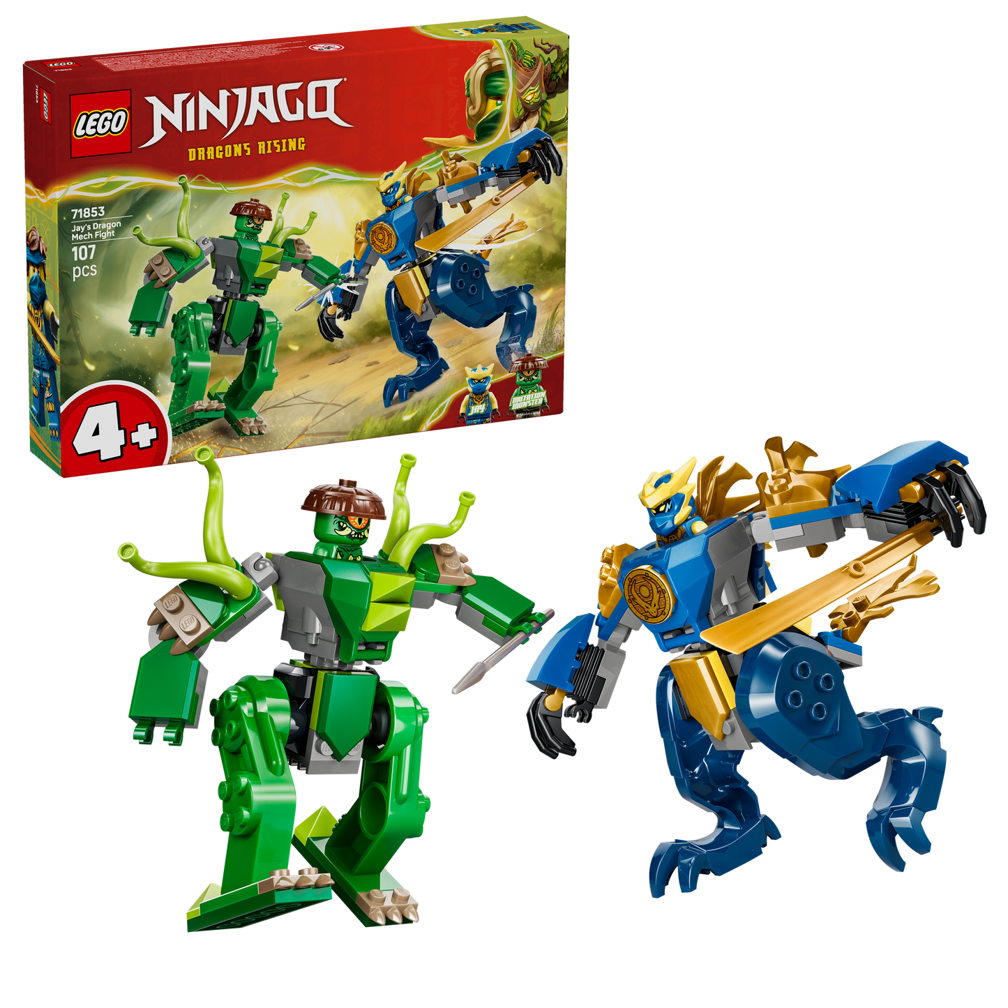 LEGO NINJAGO Jay’s Drakenmechastrijd Mecha – Ninja Speelgoed voor Kinderen met 2 Actiefiguren, 2 Minifiguren, Katana en Zwaard – Verjaardagscadeau voor Jongens vanaf 4 Jaar en Fans – 71853
